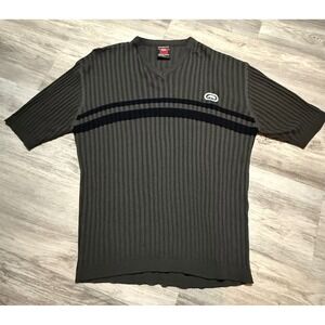 Ecko Unltd Mens V Neck Striped Ribbed Knit Short Sleeve Shirt XXL Green‎ Black